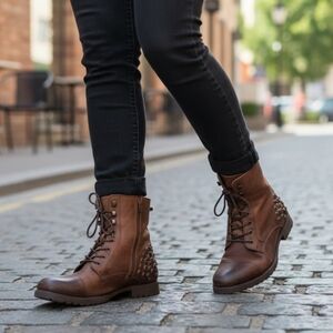 Size 10 Aldo Leather Brown Studded Combat Ankle Boots